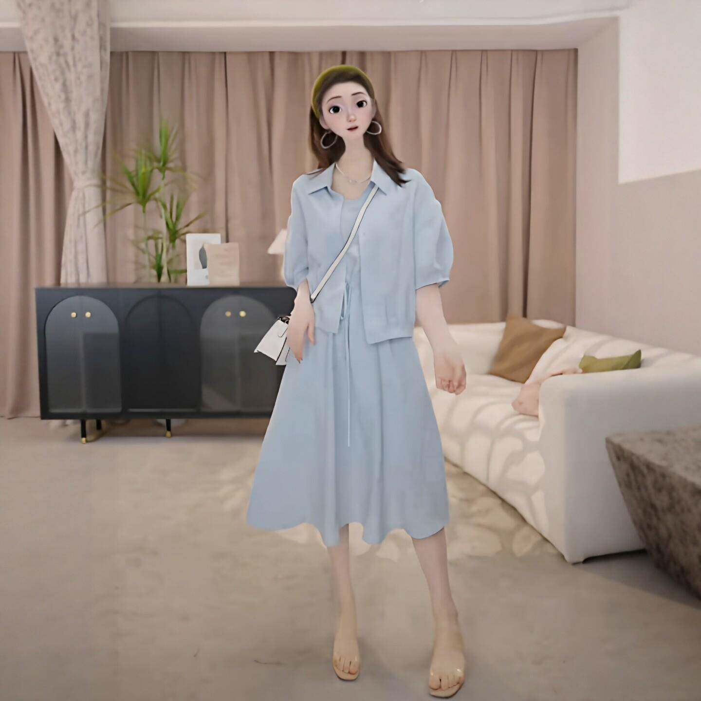 漂亮巨好看洋装2026春夏季新款衬衣领防晒衣吊带裙显瘦两件套女