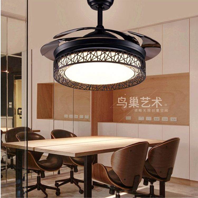 隐形风扇灯卧室客厅餐厅简约电风扇吊灯家用LED鸟巢音乐响吊扇灯