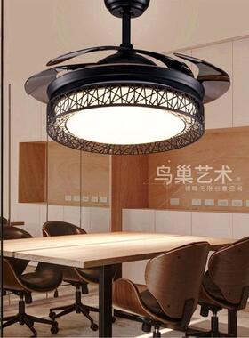 隐形风扇灯卧室客厅餐厅简约电风扇吊灯家用LED鸟巢音乐响吊扇灯