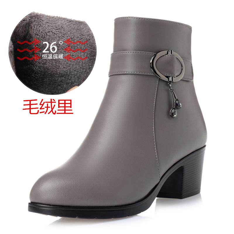 高档冬季中年妇女短衬真皮中跟厚跟羊毛皮羊靴毛靴皮鞋大码韩式母