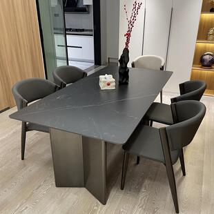 意式 轻奢纯黑岩板不锈钢餐桌现代简约家用长方形设计师餐桌椅组合