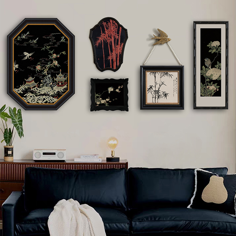 《山鸟竹趣》法式轻奢黑色竹韵花鸟装饰画客厅沙发背景墙挂画组合