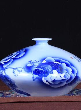 2020景德镇青花贵瓷手绘花开装富扁瓶厅陶瓷工客艺品花瓶家居饰摆