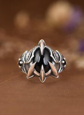 S925银戒指 复古做旧潮人时尚鹰爪立方氧化锆开口指环新品