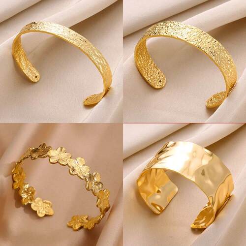 Stainless Steel Wide Bangles for Women Luxury Gold Color Chu