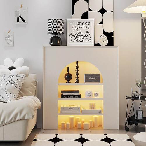 法式带灯白色假壁炉装饰边柜客厅入户靠墙玄关置物架艺术展示柜