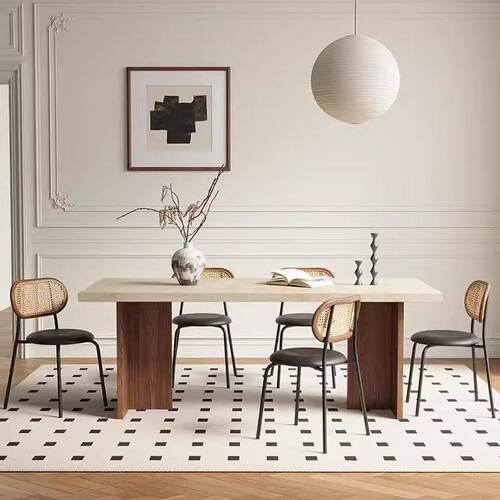 法式覆古风实木白蜡木餐桌洞石岩板饭桌现代简约长方形大坪数桌子