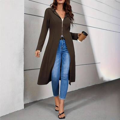 Women's Zipper Hooded Fitted Cut Long Jacket  Elegant Solid
