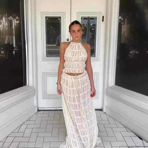 2024夏季新款欧美跨境性感露背挂脖外贸褶皱蕾丝花边背心长裙套装