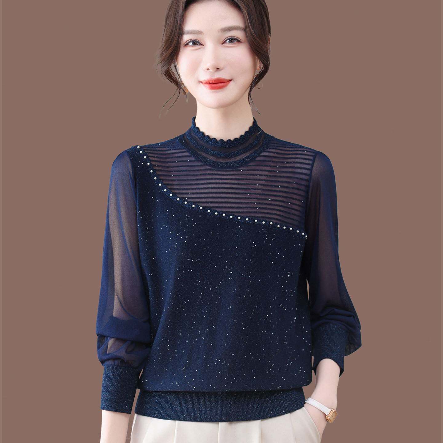 钉珠纱袖桑蚕丝针织衫女薄款春季新款洋气妈妈遮肚子打底衫上衣