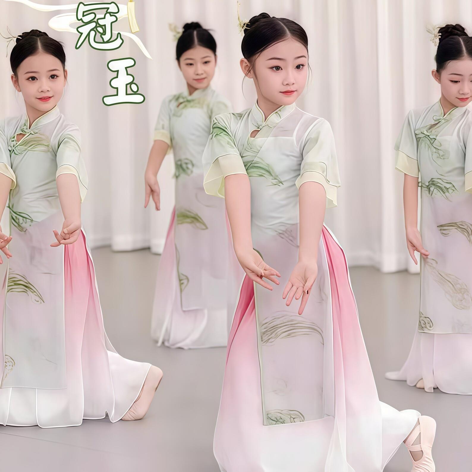 小月儿演出服儿童女春三月纱衣练功服中国风古典舞旗袍冠玉表演服
