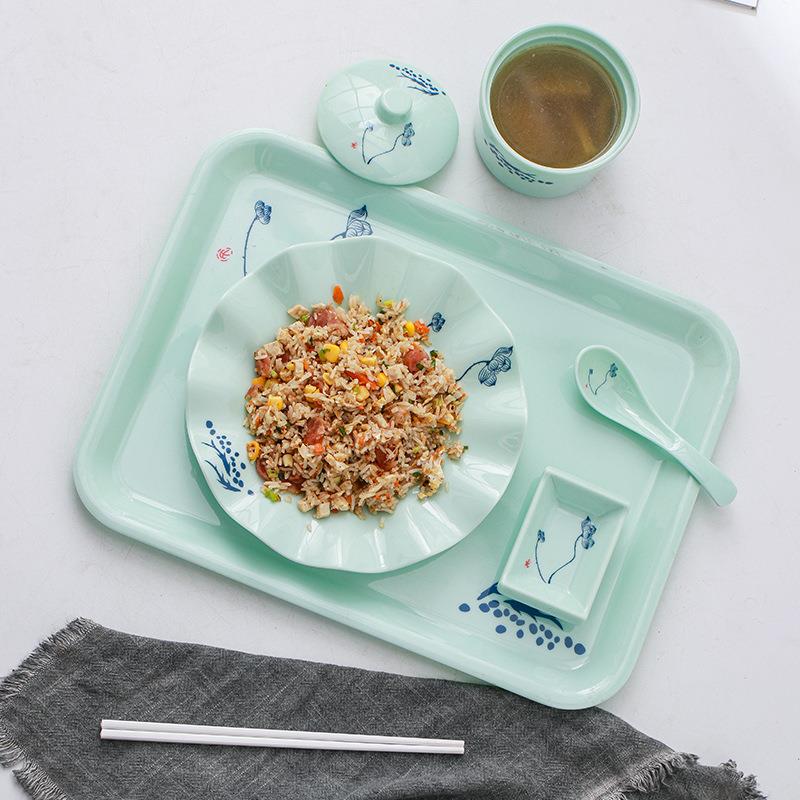 若炫仿瓷密胺玉色荷花快餐套装食堂餐具汤盅盖浇饭炒饭炒面盘子