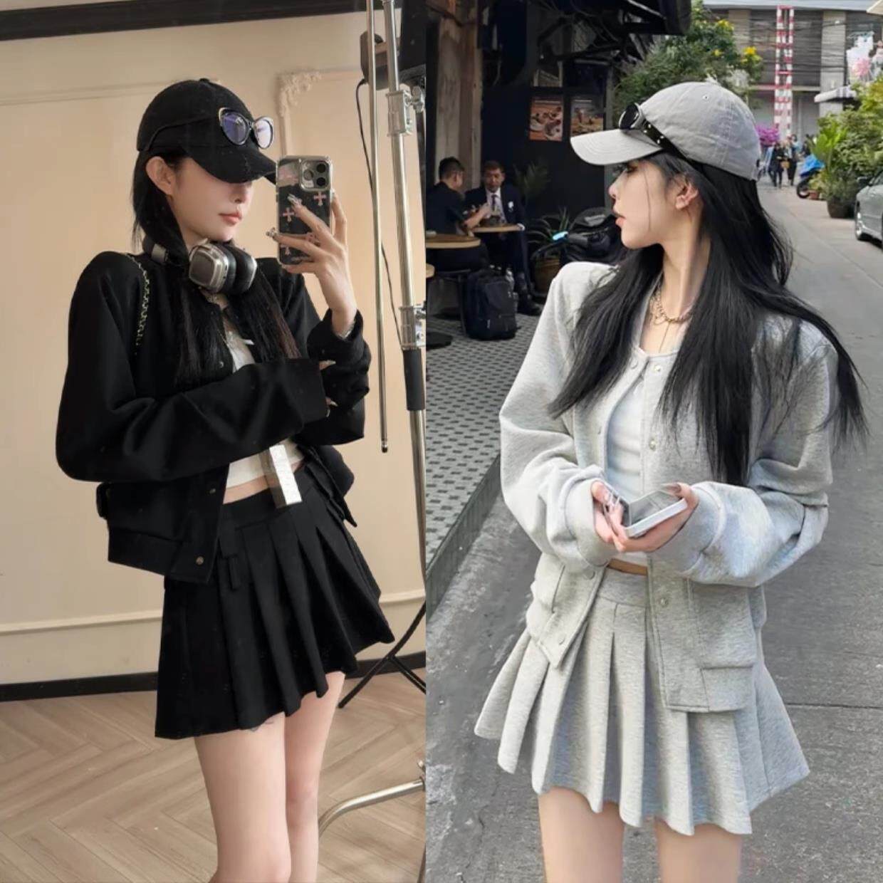 套装裙女春秋2025新款韩版洋气小个子美式卫衣外套百褶短裙两件套