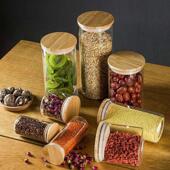 高潮硅945玻璃用竹盖圆形防罐厨房收纳透明储硼物罐简约家密封储