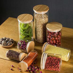 高潮硅945玻璃用竹盖圆形防罐厨房收纳透明储硼物罐简约家密封储