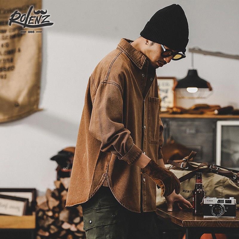 ROLENZ美式重磅长袖衬衫男宽松潮牌痞帅工装夹克复古春季牛仔外套