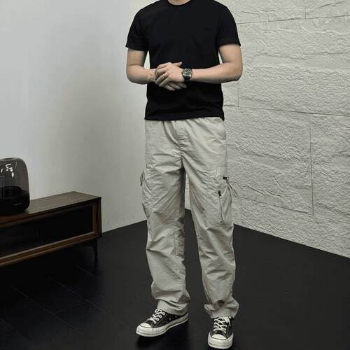 ITins潮牌美式工装裤男春夏肌理感立体裁剪多口袋拼接直筒休闲裤