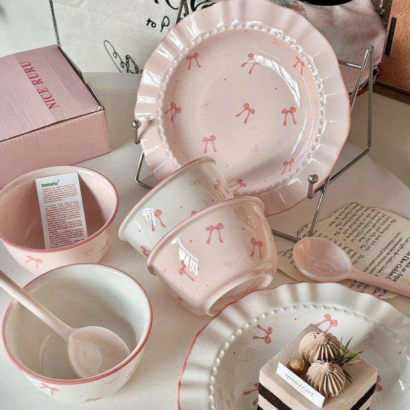蝴蝶结餐具陶瓷盘子家用深盘甜品水果碗碟套装一人食早餐盘in可爱