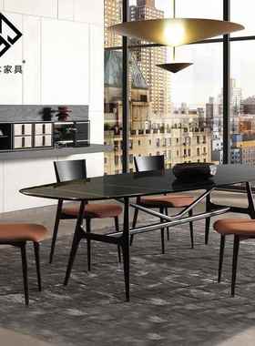 意式岩板白蜡木餐桌小户型长方形实木桌子现代简约大理石台面