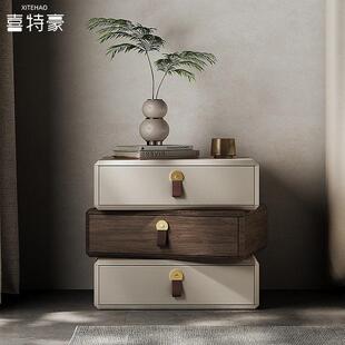 意式极简实木创意旋转床头柜轻奢高级感卧室白色床边柜皮艺边几