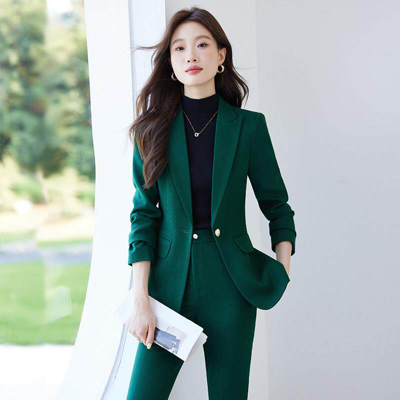 绿色职业西装套装女秋冬气质小个子高级感通勤正装西服外套工作服