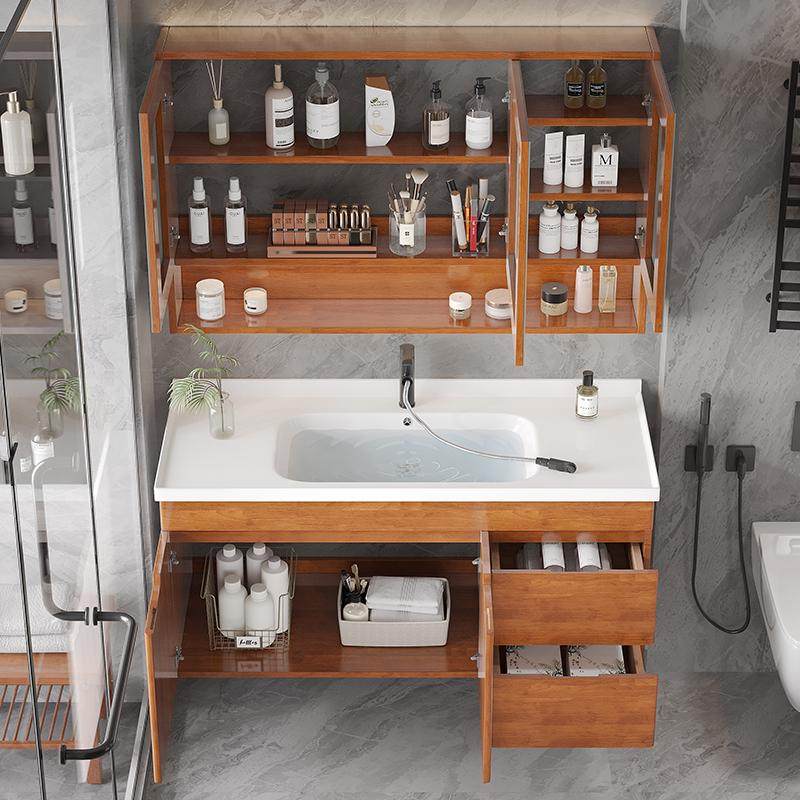 橡木卫生间陶瓷一体盆洗手洗脸洗漱台套装现代简约智能浴室柜组合