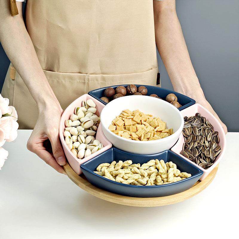 陶瓷果盘客厅茶几家用分格水果盘零食酒店KTV新年竹木旋转干果盘