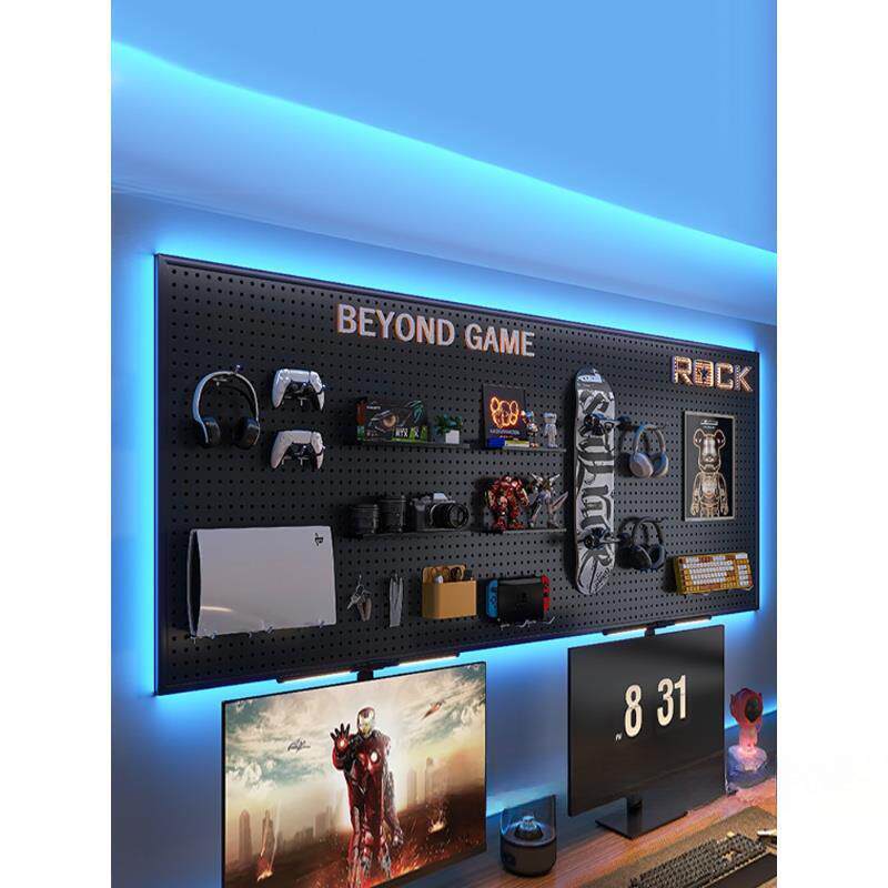 电竞房洞洞板黑色墙上置物架书房上方电脑桌墙面挂板收纳铁艺装饰