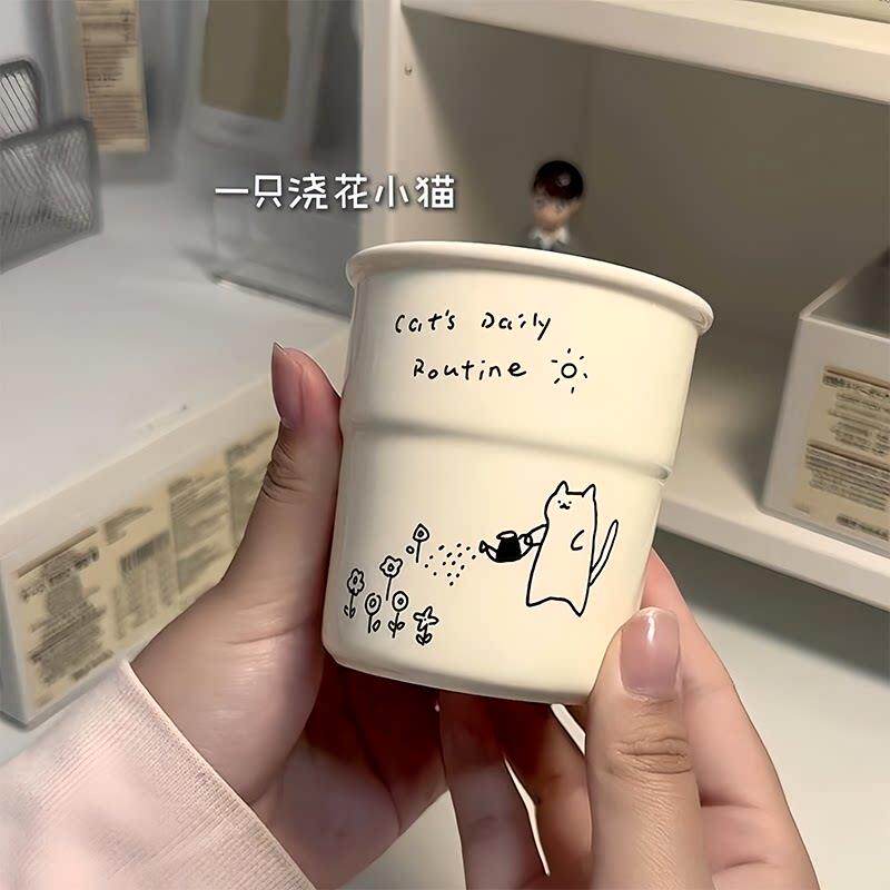小猫浇花马克杯手握杯陶瓷女士高颜值水杯咖啡杯牛奶燕麦杯随行杯
