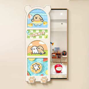 奶油风隐藏式 饰画线条小狗多巴胺隐形推拉穿衣镜玄关镜子 全身镜装