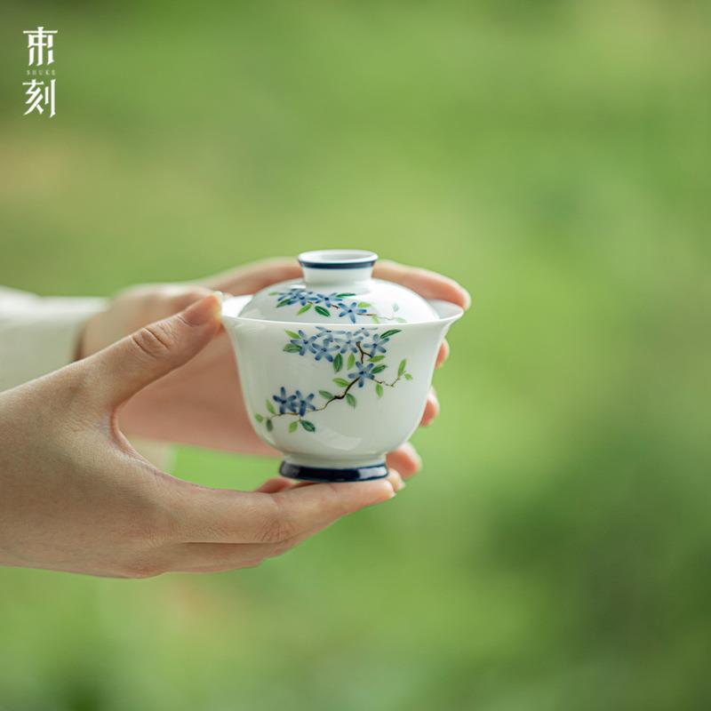 束刻纯手绘小蓝花二才盖碗不烫手白瓷陶瓷玉泥清新文人薄胎泡茶碗