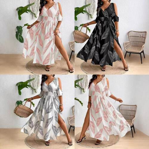 Plus-Size Women’s Off-Shoulder V-Neck Dress with A Slit Hem