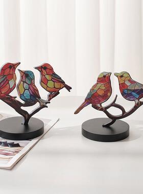 跨境新款亚马逊小鸟装饰品摆件家居办公桌面百花小鸟木质工艺品