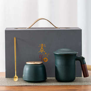 茶水分离泡茶杯子新年礼品 创意家用办公室木柄陶瓷水杯马克杯中式