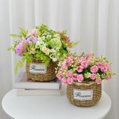 手工草编花篮客厅电视柜餐桌书房桌面装 饰藤编花篮摆件彷真花套装