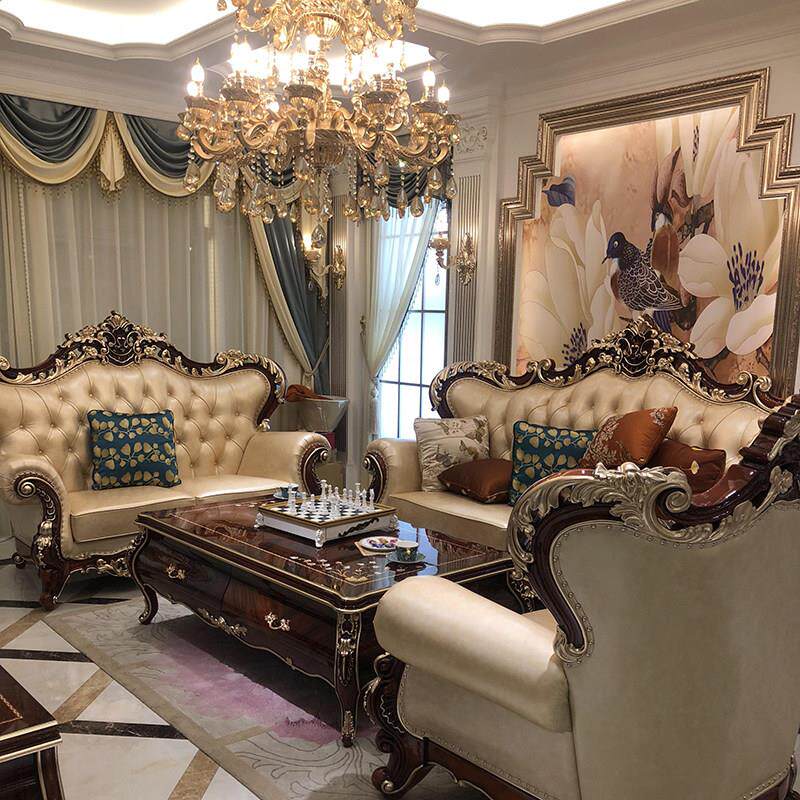 欧式真皮沙发组合 别墅客厅奢华新古典123头层牛皮高档全实木家具