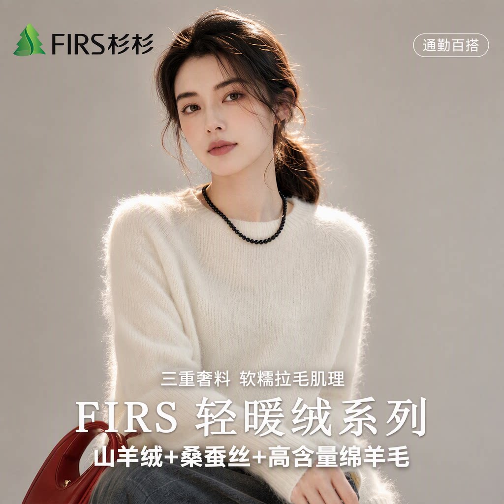 Firs/杉杉三重奢料含山羊绒桑蚕丝拉绒羊毛衫女纯色软糯蓬松保暖