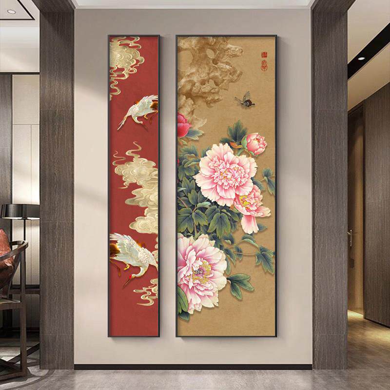 新中式入户玄关装饰画花鸟鲤鱼客厅墙面壁画竖版两联走廊过道挂画
