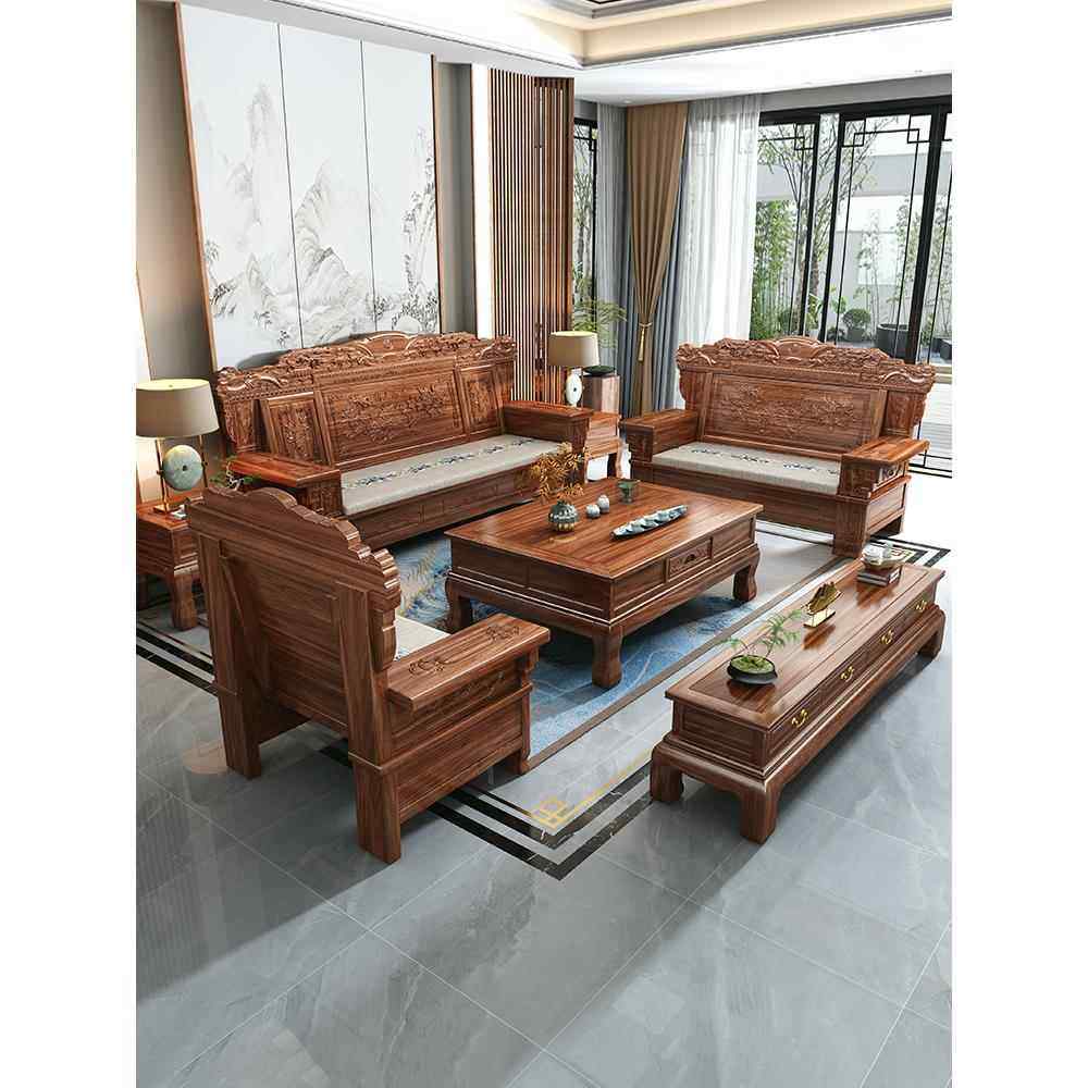新中式花梨木全实木沙发客厅2025新款冬夏两用大户型雕花彷古沙发,住宅家具,实木沙发,淘宝优惠券,粉丝福利购,淘宝优惠卷