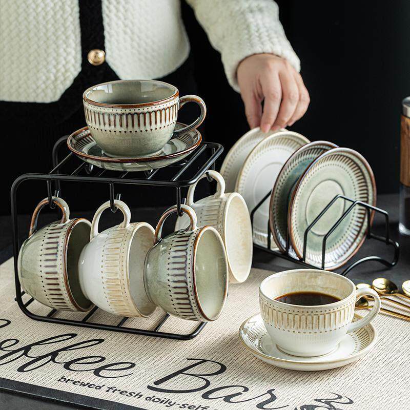 覆古欧式窑变咖啡杯套装精致平底陶瓷大容量早餐杯拿铁花式拉花杯