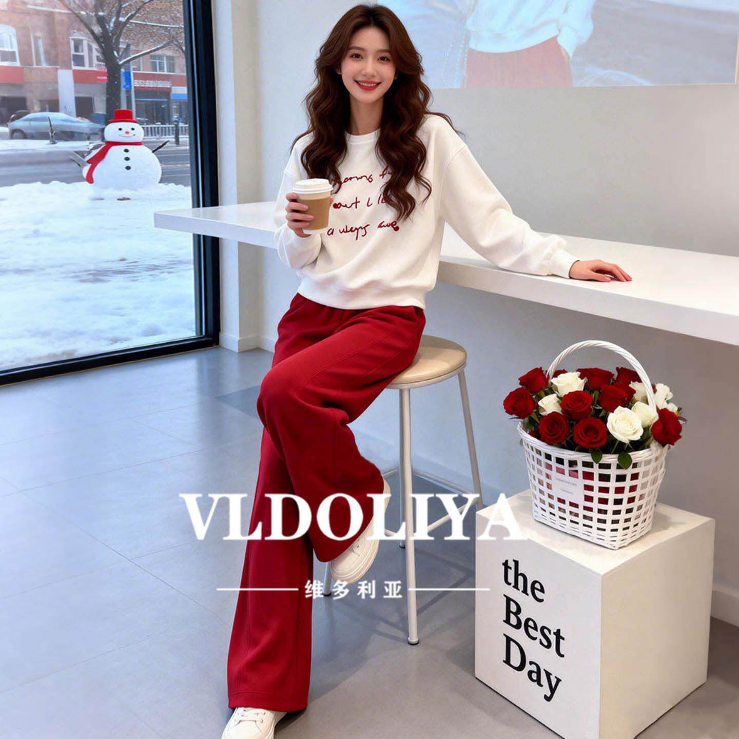 VLDOLIYA维多利亚休闲套装女2026春新款圆领卫衣红色阔腿裤两件套