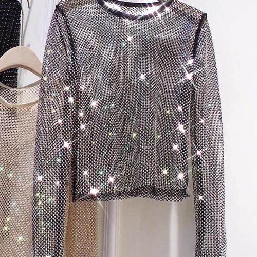 Hollow out shiny color diamond exploded street T-shirt