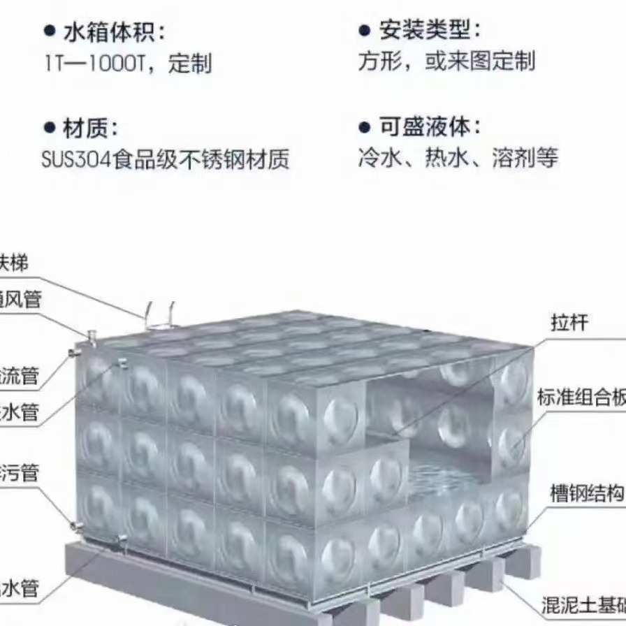 厂家直供304不锈钢水箱方形不锈钢生活水箱消防水箱保温水箱10吨