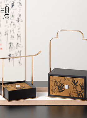 新中式复古手提盒摆件样板间中古茶室茶桌茶台宋代美学摆台装饰品