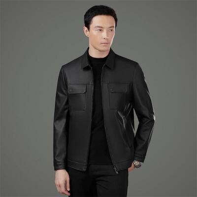 海宁男绵士皮衣外外套真皮羊皮翻领商务尚休闲皮夹6653-KJ克时简