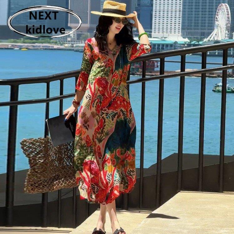 香港高端百搭连衣裙2025夏季新款国风花卉印花V领七分袖中长裙子