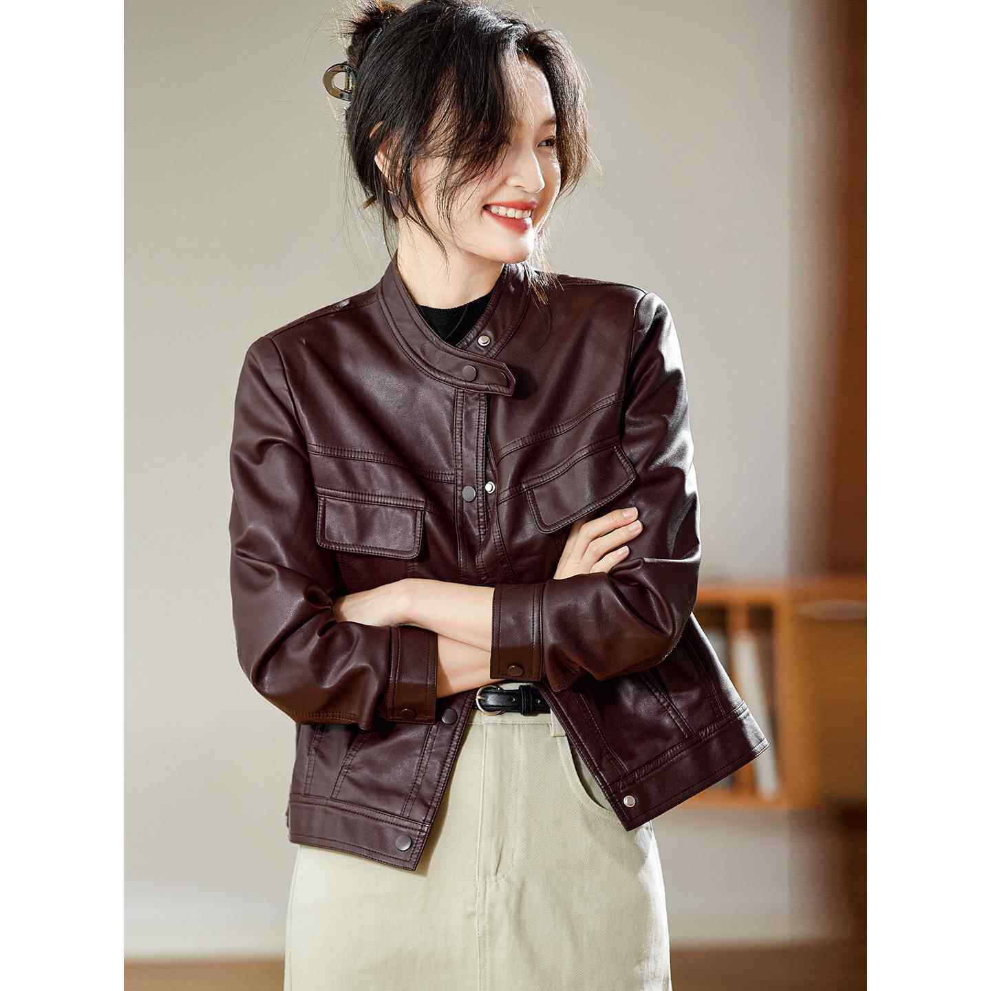 皮衣女款2025新款春秋今年流行爆款酷飒风皮夹克超火减龄棕色外套