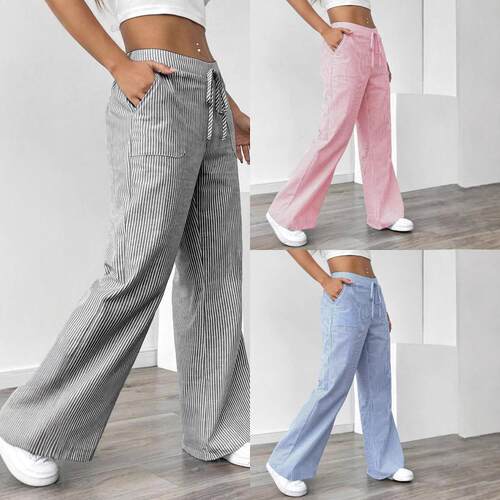 Womens Wide Leg Striped Pants High Waisted Baggy