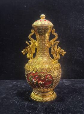 杂项仿古做旧纯铜鎏金双龙耳玄关摆件树脂金色花瓶摆设工艺品