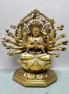 黄铜千手观音菩萨佛像摆件密宗千手观音准提佛母铜莲花观世音